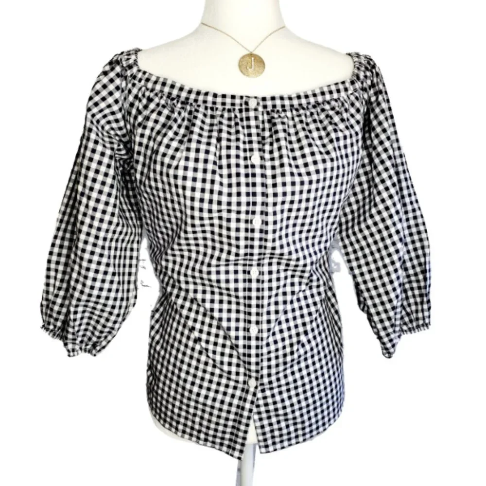 Black White Checkered Peasant Top 3/4 Sleeves | Gingham | Medium - Picture 8 of 13